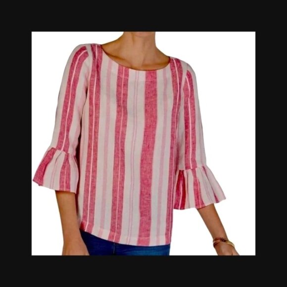 Charter Club Pink Linen Striped 3/4 Ruffle Sleeves Top Blouse sz L , NWT - Picture 1 of 8